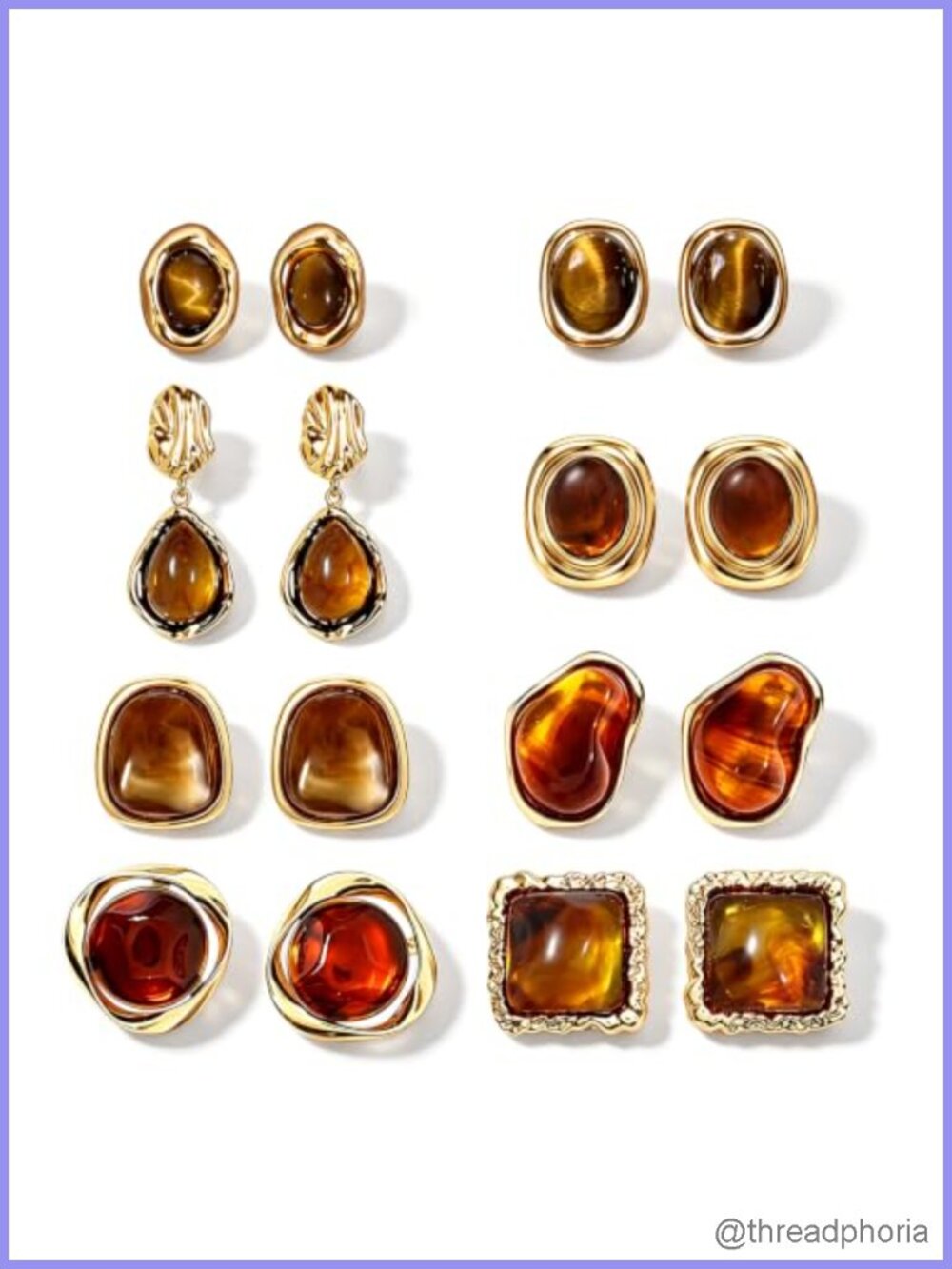 Chunky Gold Stone Earrings Statement Brown Resin Earrings 8 Pair Set
